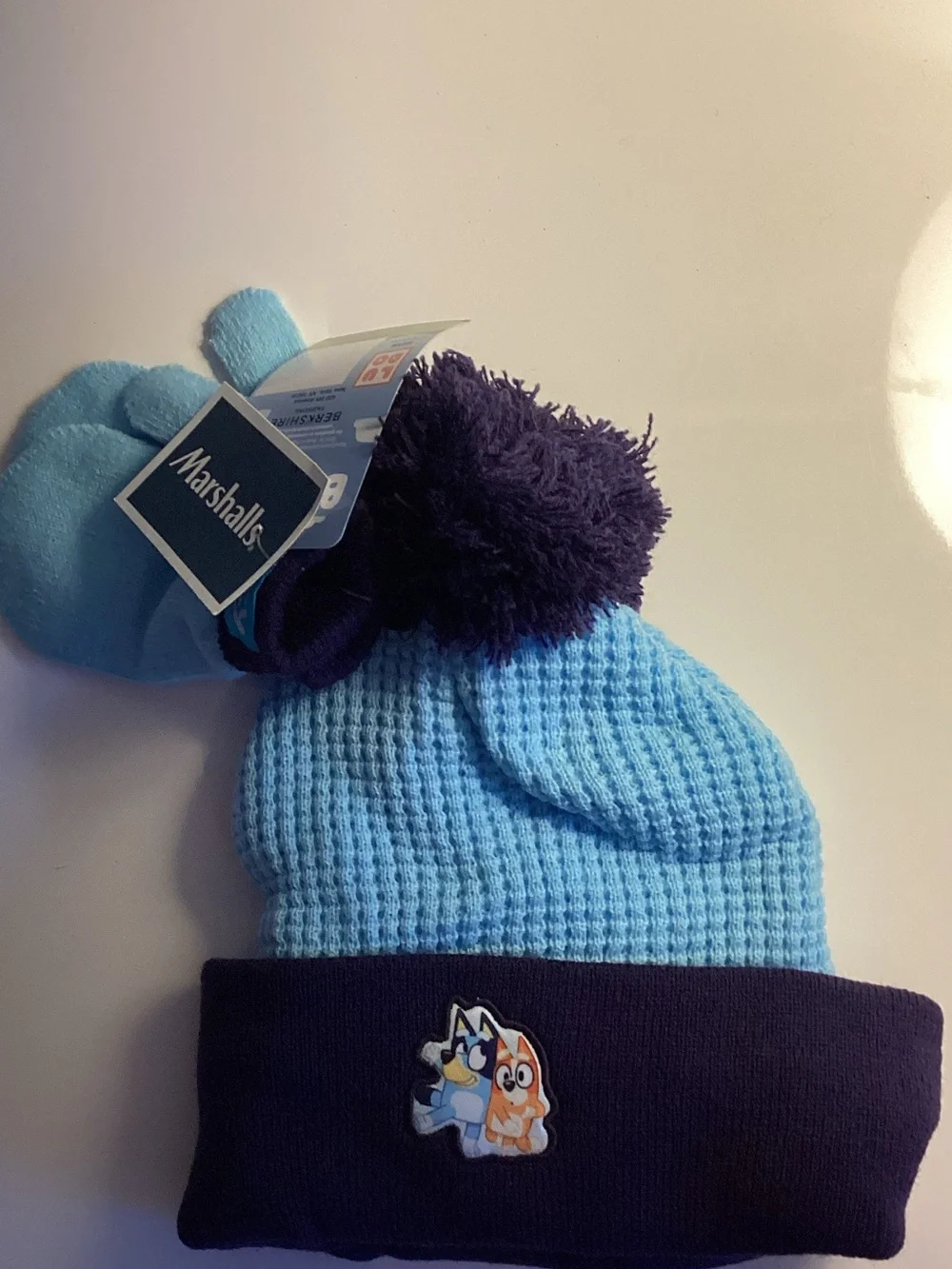 Berkshire Light Blue and Navy Kids Knit Beanie with Pom and Cartoon Patch